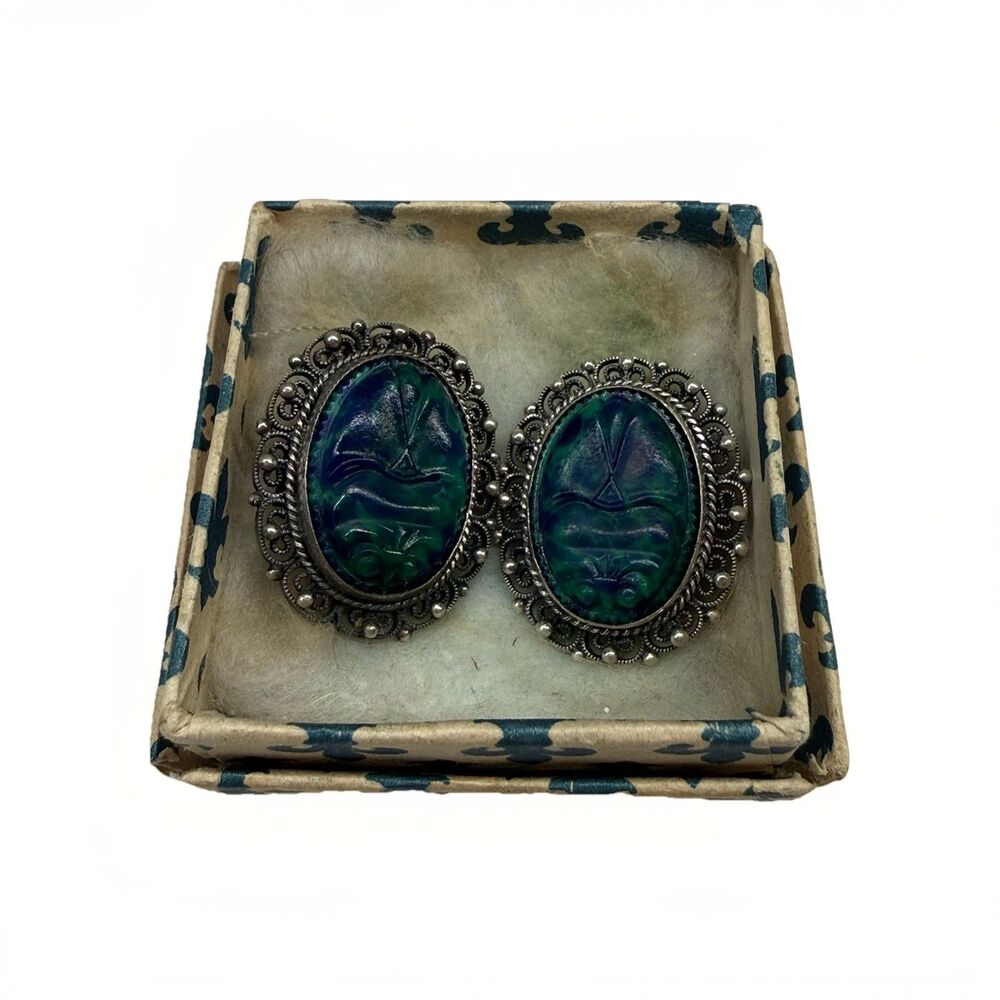 Antique Malachite Azurite Sterling Silver Oval Clip On Earrings scarab beetle ?
